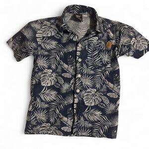 American Hawk Boys 5 Hawaiian Shirt Navy Blue Tropical Leaf Button Down Top